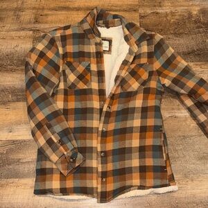 Plaid Sherpa-Lined Flannel Shirt Jacket - Rust, Blue, Cream medium women’s